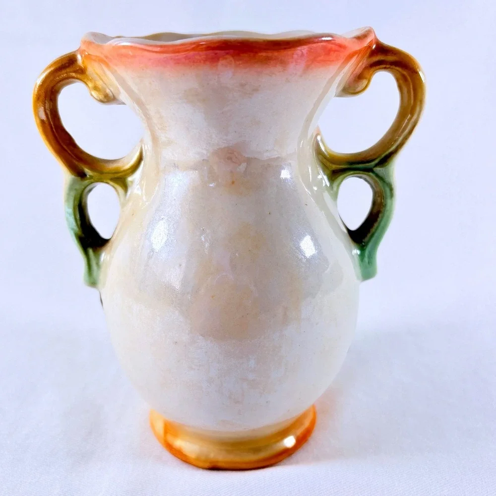 Vintage 3D Embossed Floral Ceramic Lusterware Vase Double Handle Made in Brazil